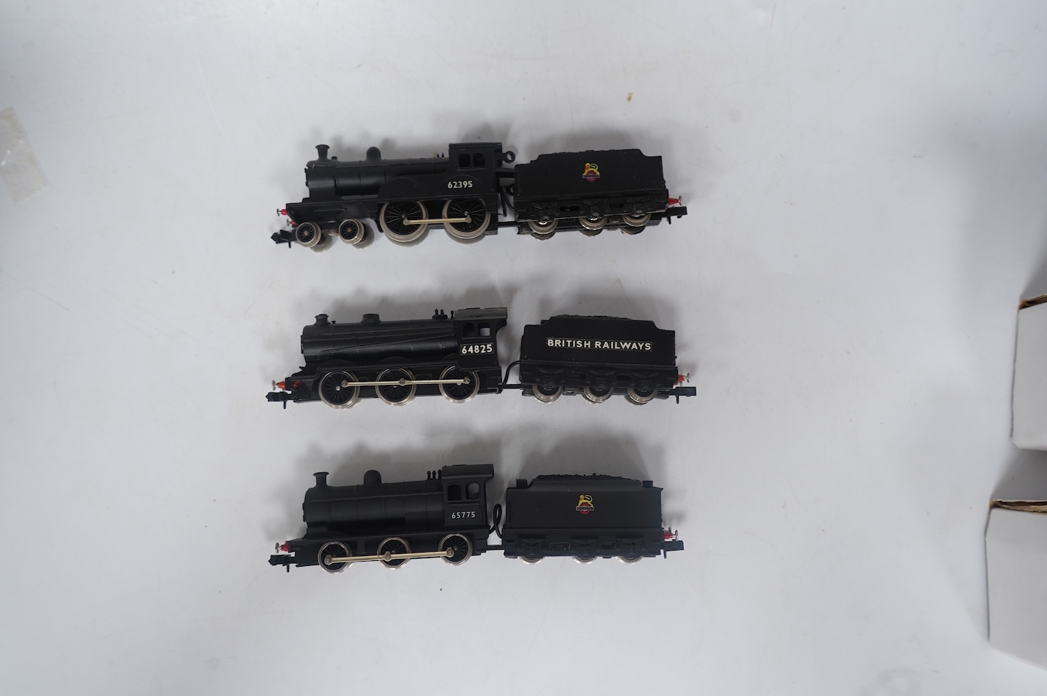 Three boxed Union Mills Models N gauge railway BR locomotives; a Class J26, 65775, a Class J39, 64825, and a Class D20, 62395. Condition - good.